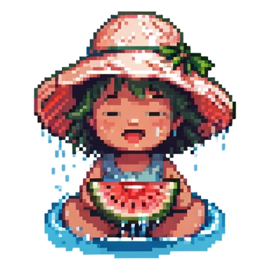 cheerful child in a big sun hat biting into a slice of watermelon by a sparkling river, water splashing, summer vibes, pixel art style sticker