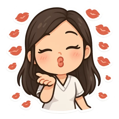 3D chibi bitmoji style sticker of a girl with long dark hair, white medical top, kissing the viewer, lots of kiss marks, white outline, transparent background sticker