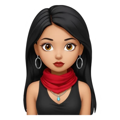 a pretty bratz dusky girl with long black hair, kajal under eyes, small silver hoop. black tank top on. Red scarf around neck sticker