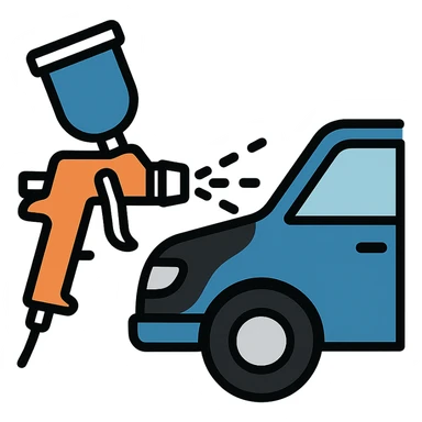 paint spray gun pointing at a section of a car, light layer of glossy black paint spraying out, main color glossy black with silver details, clean lines, modern and clean style, no excess paint sticker