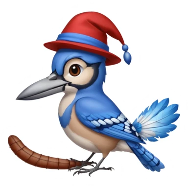 a blue jay wearing a hat, holding a worm sticker