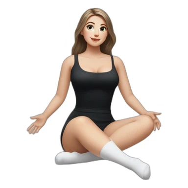 Front view full body curvy caucasian beauty sits on the floor straight hands up black skirt white knickers white socks sticker