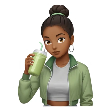 Black girl with sage green jacket drinking pre workout shake middle part slick back bun sticker