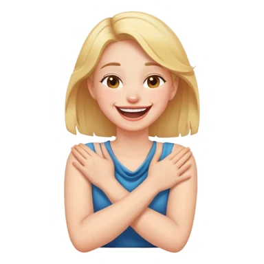 girl laughing while srms crossed holding neck sticker