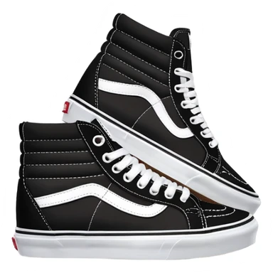 Two black Vans Sk8-Hi high top sneakers positioned in a staggered arrangement with one behind the other, classic black with white sidewall stripe, white laces and rubber toe cap sticker