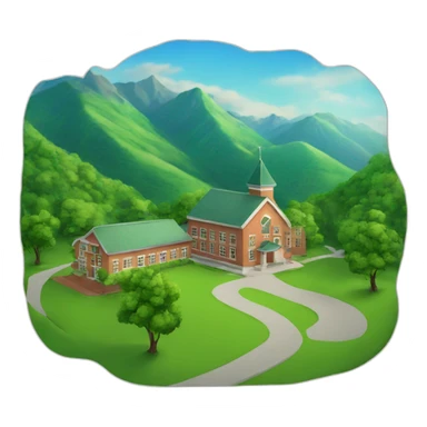 a small school at the foot of a beautiful green mountain with children play sticker