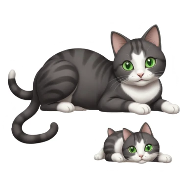 beautiful female solid dark grey cat with green eyes, white toes/paws and white patch on her chest playfully rolling upside down sticker