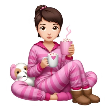 Brunette girl pixiecut Hair Brown aesthetic Victoria's Secret pajama set, Ugg boots, holding hot chocolate with pink and Red marshmallows, cozy and cute sticker