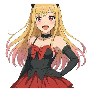 Marin Kitagawa, smiling, wearing cosplay outfit, long blonde hair with pink tips, vibrant anime style sticker