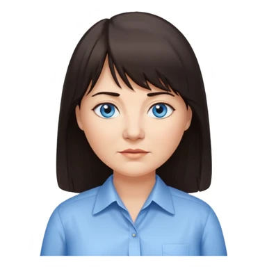 50 yr old woman, blue eyes, long straight dark brown hair, business shirt, chubby, bangs sticker