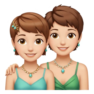 Fair skin and brown colored besties with brown hair pixie cuts wearing jewelry  both brown hair  sticker