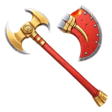 Ares battle axe object icon, ancient Greek war god axe, double-bladed heavy axe, red and gold metal, battle-worn scratches, glowing red accents, 3D cartoon, mobile game icon style, centered, clean background, soft shadow, no text, no watermark

 sticker