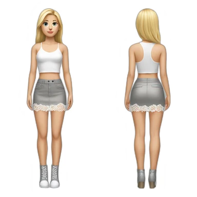 hyperrealistic caucasian female, long straight blonde hair, white lace up crop top, grey mini skirt, body view sticker