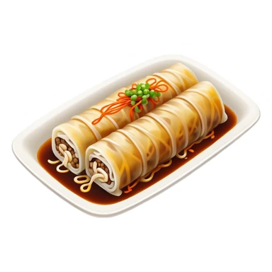 Beef rice noodle roll Ngau Yuk Cheung Fun with dark sauce drizzled on top, simplified emoji style with bold outlines and bright colors, cartoon style Cantonese street food sticker