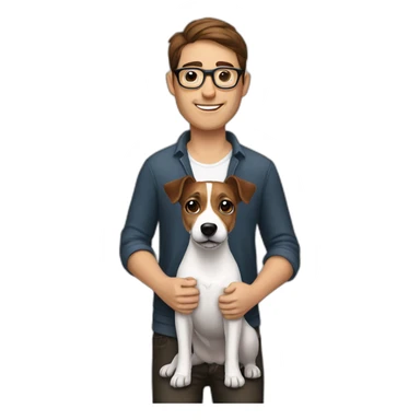 Man with modern cut brown hair with glasses with jack russell terrier dog sticker