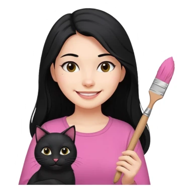 Painting women. smilling   Long black hair,  lunette peinture top pink, pinceau with is black cat  sticker