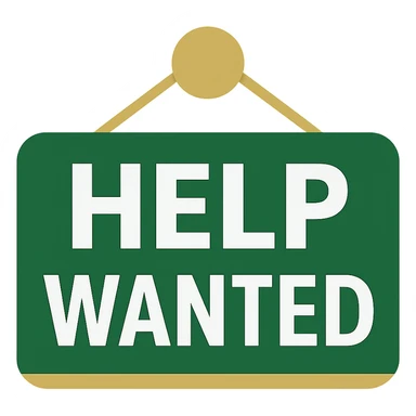 Make the font more professional and less cartoon for a 'help wanted' sign. Keep the color scheme green, white, and gold. The font should be bold and clear, suitable for digital use, with no background. sticker