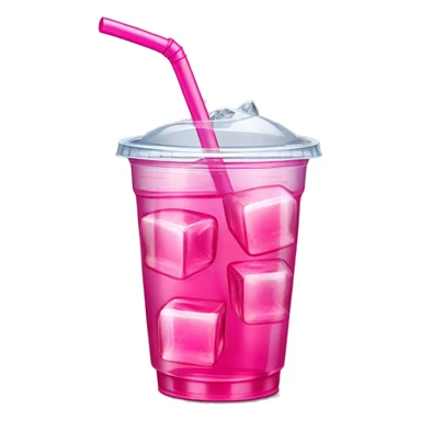 Realistic see through plastic cup and lid with Transluscent hot pink soda,straw and large ice cubes inside. sticker