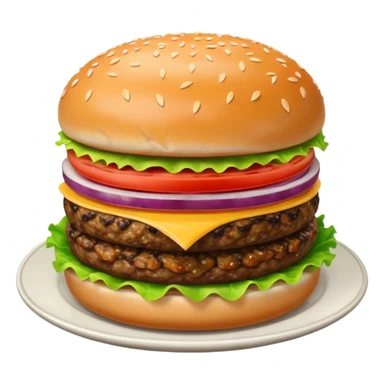 Draw a hamburger on a plate using a front camera with a 10-degree angle from the ground, ensuring the object remains stationary without rotation or tilt. sticker