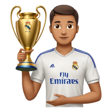 Человек в футболке футбольного клуба Real Madrid. Держащий кубок лиги чемпионов sticker