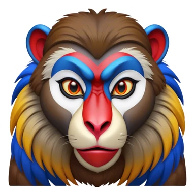 Cinematic Noble Mandrill Portrait Emoji, Poised and regal, with a striking, powerful build and a vivid, multicolored face accented by bold blue, red, and yellow hues, deep-set soulful eyes, Simplified yet sharp and sophisticated features, highly detailed, glowing with a vibrant, dignified glow, high shine, intelligent and commanding, stylized with an air of exotic majesty, focused and attentive, soft glowing outline, capturing the essence of a watchful and confident primate, so majestic it feels as though it could step out of the screen with effortless authority! sticker