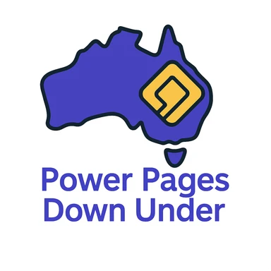 Make the icon more colorful by using #403DAD, a vibrant purple, and #fff7ad as accent colors. Keep the map of Australia with the official Microsoft Power Pages icon overlay and the text 'Power Pages Down Under' in a clean, modern font. No digital web overlay sticker