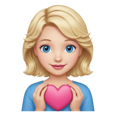 Girl Blonde short wavy hair,  blue eyes, cute blue top, long lashes, pink lips, smiling, holding a big heart sticker