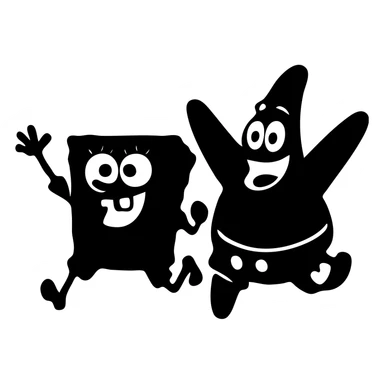 Spongebob and Patrick as lively, energetic solid filled icons, bold shapes, dynamic movement, inspired by their movie appearances, no outlines, no text sticker