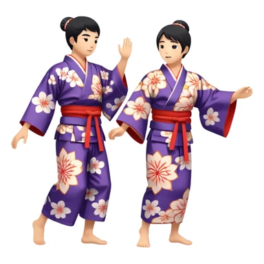 Cinematic Realistic scene of two performers engaging in Bon Odori, dressed in traditional yukata with intricate summer patterns, captured in graceful, rhythmic motion with warm, festive lighting sticker