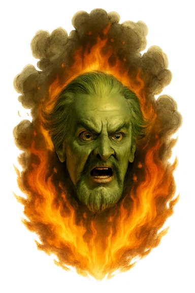fierce head of the Wizard of Oz, classic movie style, smoke and fire, no background sticker