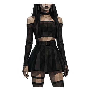 K-pop inspired gothic girl, polygonal style, geometric shapes, dark color palette, stylish stage outfit sticker