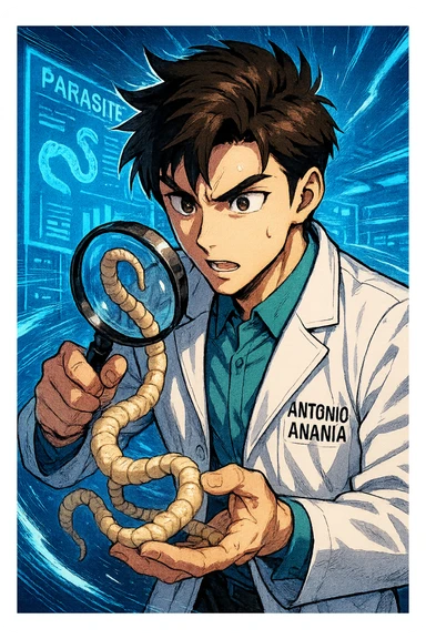 A dynamic manga/webtoon-style illustration of a young male kinesiologist wearing a clean white lab coat, analyzing light beige worms like a tapeworm under a magnifying glass. His expression is focused and slightly intrigued, with sharp, detailed eyes. The art style is vibrant, with bold linework, rich colors, and dramatic lighting. The background is a futuristic laboratory with glowing holographic screens displaying parasite data. The tapeworm is intricately drawn, slimy and segmented, with a slightly exaggerated yet realistic texture. The composition is dynamic, with motion lines or energy effects to emphasize his scientific investigation. The atmosphere is intense but not dark, keeping a balance between scientific seriousness and stylish manga aesthetics, he has "ANTONIO ANANIA" WRITTEN ON WHITE LAB COAT sticker
