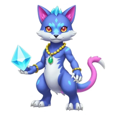 Colorful neon glowing abyssal garurumon-purloin-feline-Fakemon-Digimon-creature wearing a cool casual fashionable aesthetic clothes and accessories and jewelries and apparels fursona (full body)  sticker