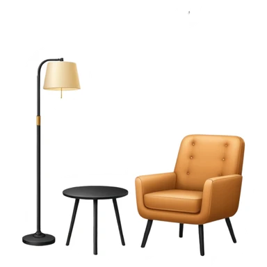 Minimalistic flat vector icon, iOS style, thin black contour on white background. Floor lamp and chair next to a framed picture on wall. Clean, no text, no shadows sticker