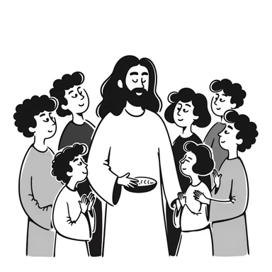 Jesus surrounded by his disciples and followers, peaceful gathering sticker