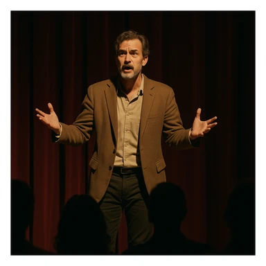 man performing a monologue, hand gestures, audience in shadow, theatrical stage sticker