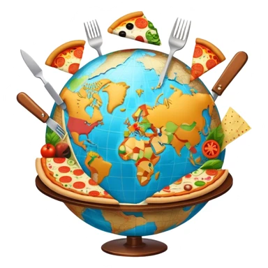 Icon for Gastronomic Tourism: a globe with various cuisines from around the world, such as pizza, sushi, tacos, and pasta, surrounded by food-related travel elements like a fork, knife, and map. Transparent background. sticker