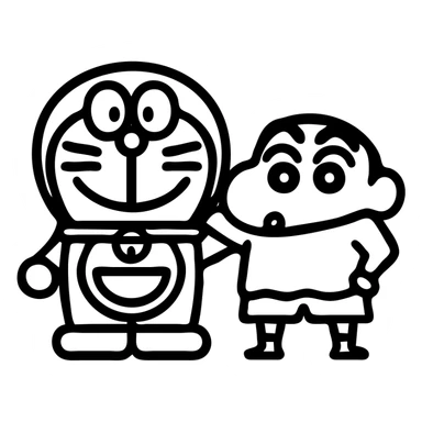 Doraemon and Shinchan together, outlined icon style, simple and cute sticker