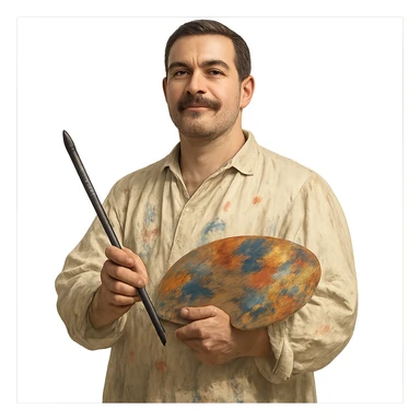 confident painter man with a thick moustache and short hair, wearing an artist's smock sticker