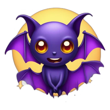 purple and black evil face vampire bat anime sparkle eyes wings flying in front of large dripping crescent moon sticker