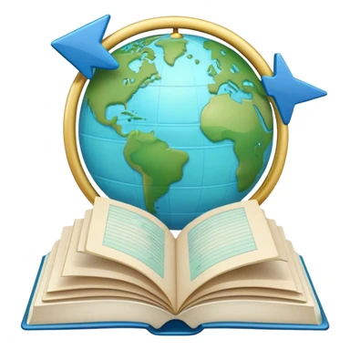 Create an emoji representing language translation. The design should feature an open book or a document with text in multiple languages (e.g., English, Spanish, Chinese), and a translation icon (such as an arrow between two languages) to symbolize the process of converting text. Include elements like a globe or a speech bubble to represent global communication. Use clear, simple lines and a color palette with blues, greens, and subtle neutral tones to convey the idea of clarity and understanding. Make the background transparent. sticker