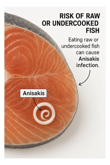 a close-up cross-section of a raw fish fillet, showing a white, coiled Anisakis parasite embedded in the muscle tissue. The parasite is clearly labeled, and the surrounding fish tissue is rendered in detail. The background is clean and white, with educational callouts explaining the risk of consuming raw or undercooked fish. sticker
