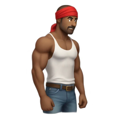 muscular man in red bandana standing sideways turns his head to face the viewer,his hand is bent in the elbow,torso sticker