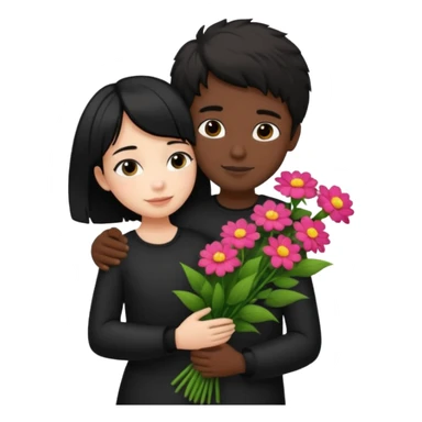 a pretty bratz fair girl with short black shaggy hair with a tall boy hugging her and flowers wearing black  sticker