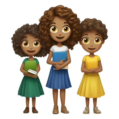 3 girls, one who is short with long brown curly hair and a dress holding books, one medium height with brown long wavy hair and green skirt and yellow top, one medium height with medium length brown wavy hair with a blue dress holding a kindle sticker