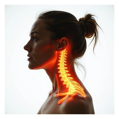 realistic anatomical side view of a woman with highlighted and contracted cervical muscles, suffering expression, white background sticker