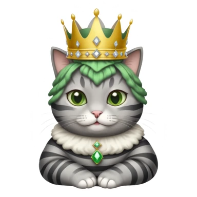 Gatito gris oscura con rayas negras ojos verdes vestida de reina con coronas y diamantes, más peluda y gordita  sticker