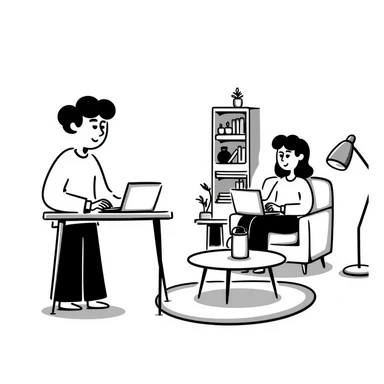 escenary 3d of a cozy mid-century living room with two people working on laptops, one man standing at a desk, and one woman sitting on a couch sticker