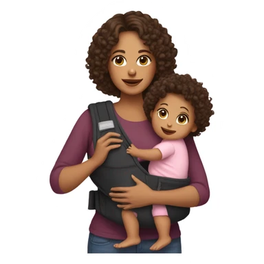 mom with light tan skin, shoulder length dark brown curly hair carrying 2 baby carriers sticker