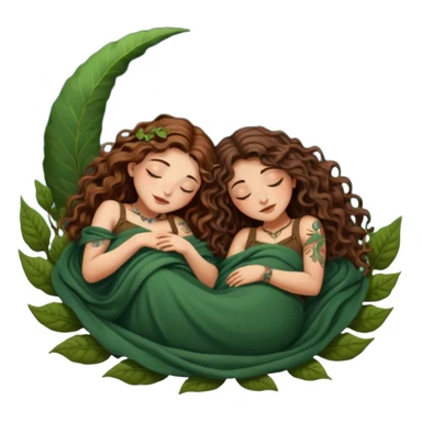 two forest alchemist women — one with long wavy brown hair and tattoos, one with short tight curly brown hair — sleeping back to back under leaf blanket crescent moon above sticker